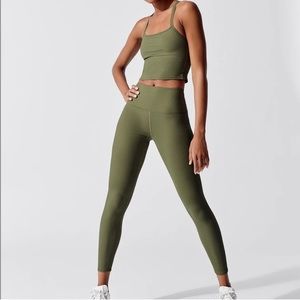 Carbon38 Ribbed Leggings Olive Green Standard Rise Waisted 7/8 Length Small